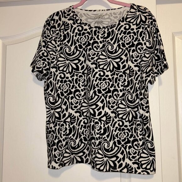 Talbots black and white floral roses print scroll tee shirt woman's XLP - Picture 1 of 6